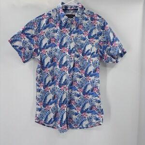 Monument Men's Sz L Short Sleeve Tropical Hibiscus Flamingo Shirt Resort Beach‎